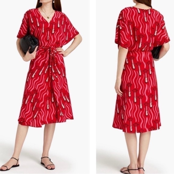 VALENTINO SILK Red Lips Lipstick Printed silk-crepe front wrap midi dress SIZE 4 - Picture 1 of 16